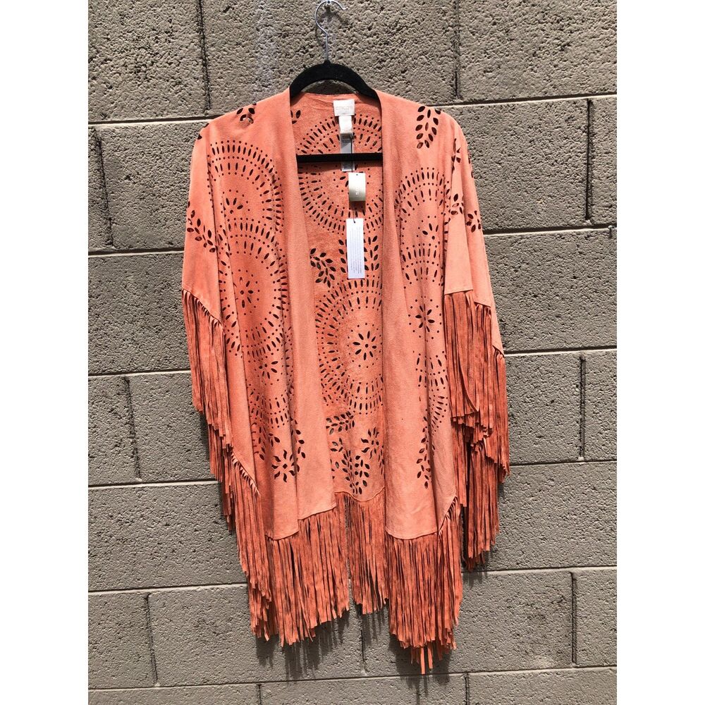 NWT Chicos Faux Suede Fringe Ruana Gingered Peach Laser Cut Wrap Kimono NOSZ